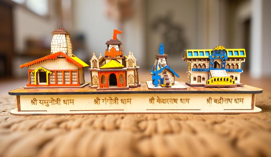 Wooden Chardham Temple Model, 3D Replica of Kedarnath, Badrinath, Gangotri, Yamunotri Temples, Decorative Religious Showpiece for Home Temple, Office, Sculpture