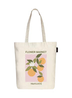 Peach Blossom Printed Cotton Zipper Tote Bags | CBAG - WHT-FLWR MARKET