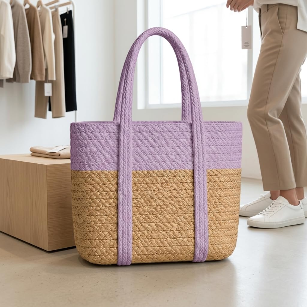 Loom & Luster Handwoven Jute Tote Bag Dual Tone Summer Shoulder Bag | Lightweight Eco-Friendly Handbag for girls and woman (Beige & Purple)