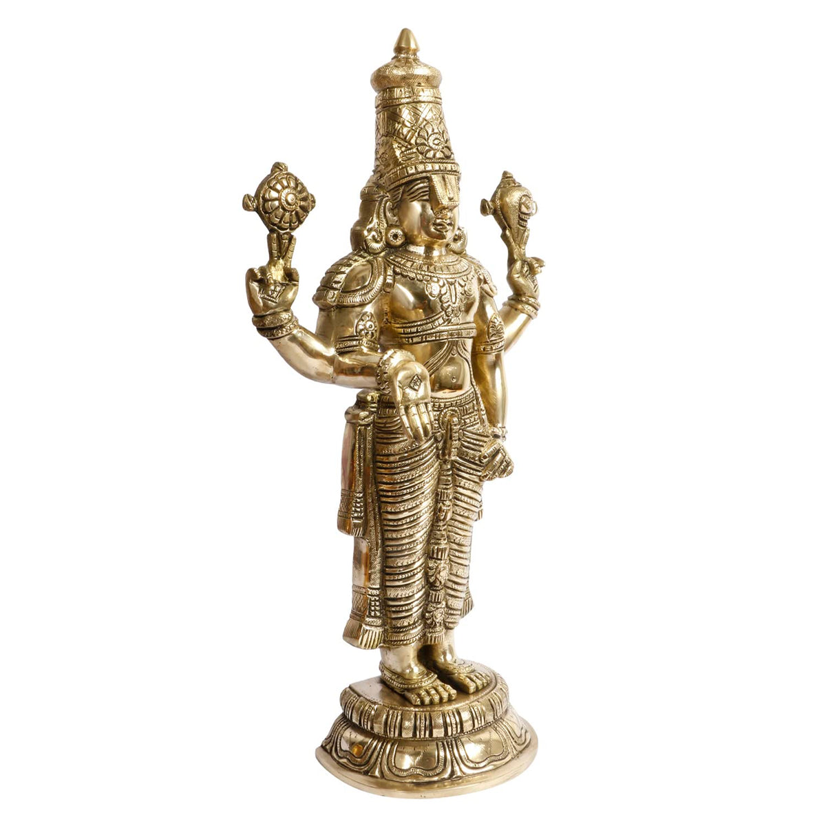 ARTVARKO Brass Tirupati Balaji Venkateshwara Idol Vishnu Chakra Namah Shankh Statue Murti Lord Srinivasa Pooja Vastu Religious Idol for Home Office Temple Decor Gift 18 Inch.