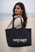 HOMELYA Large Cotton Canvas Zippered Tote Bag for Women | Reusable Eco-Friendly Shoulder Carry Bag | Spacious Shopping, Office & College Handbag (Voyage Black)