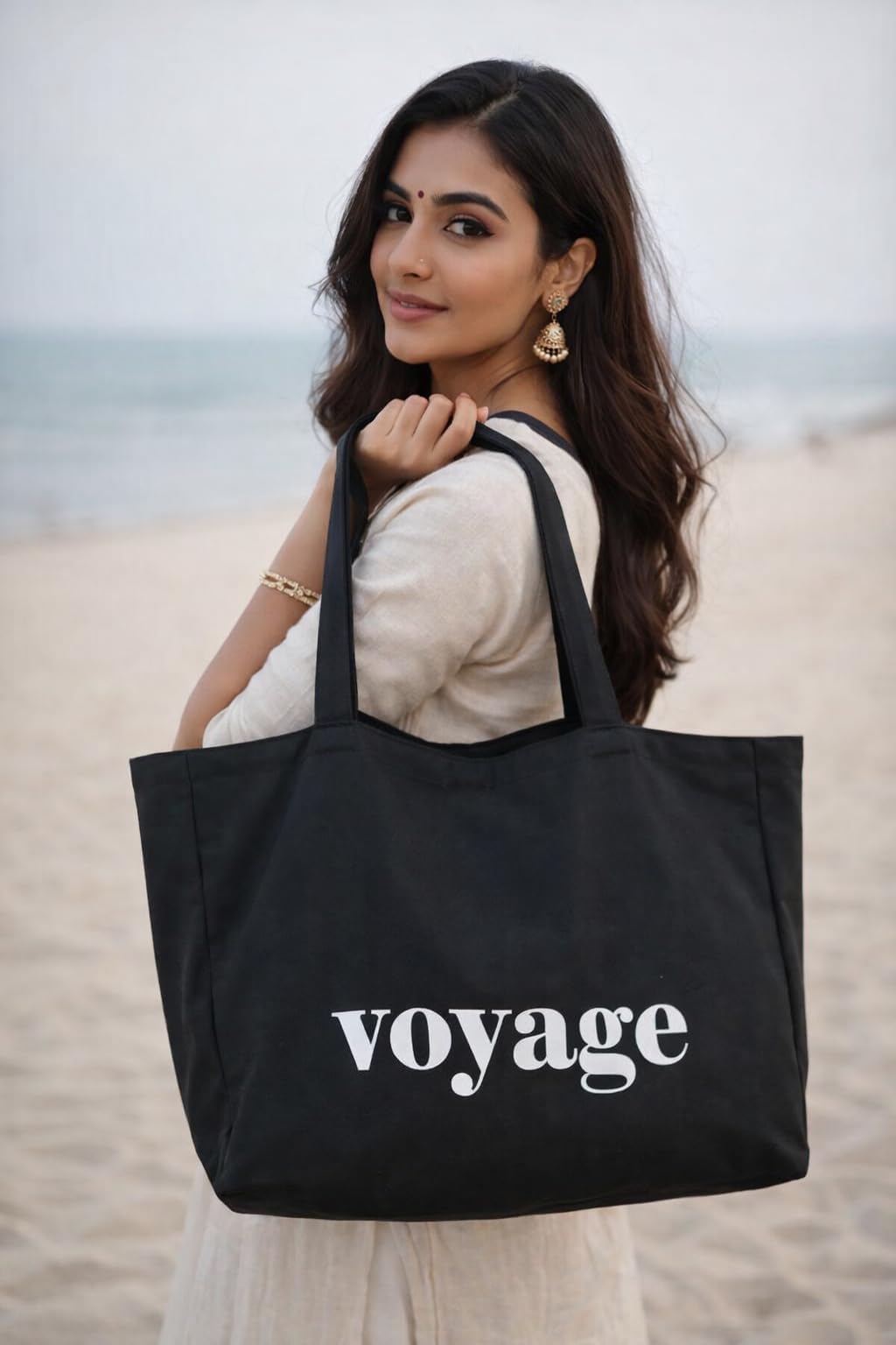 HOMELYA Large Cotton Canvas Zippered Tote Bag for Women | Reusable Eco-Friendly Shoulder Carry Bag | Spacious Shopping, Office & College Handbag (Voyage Black)