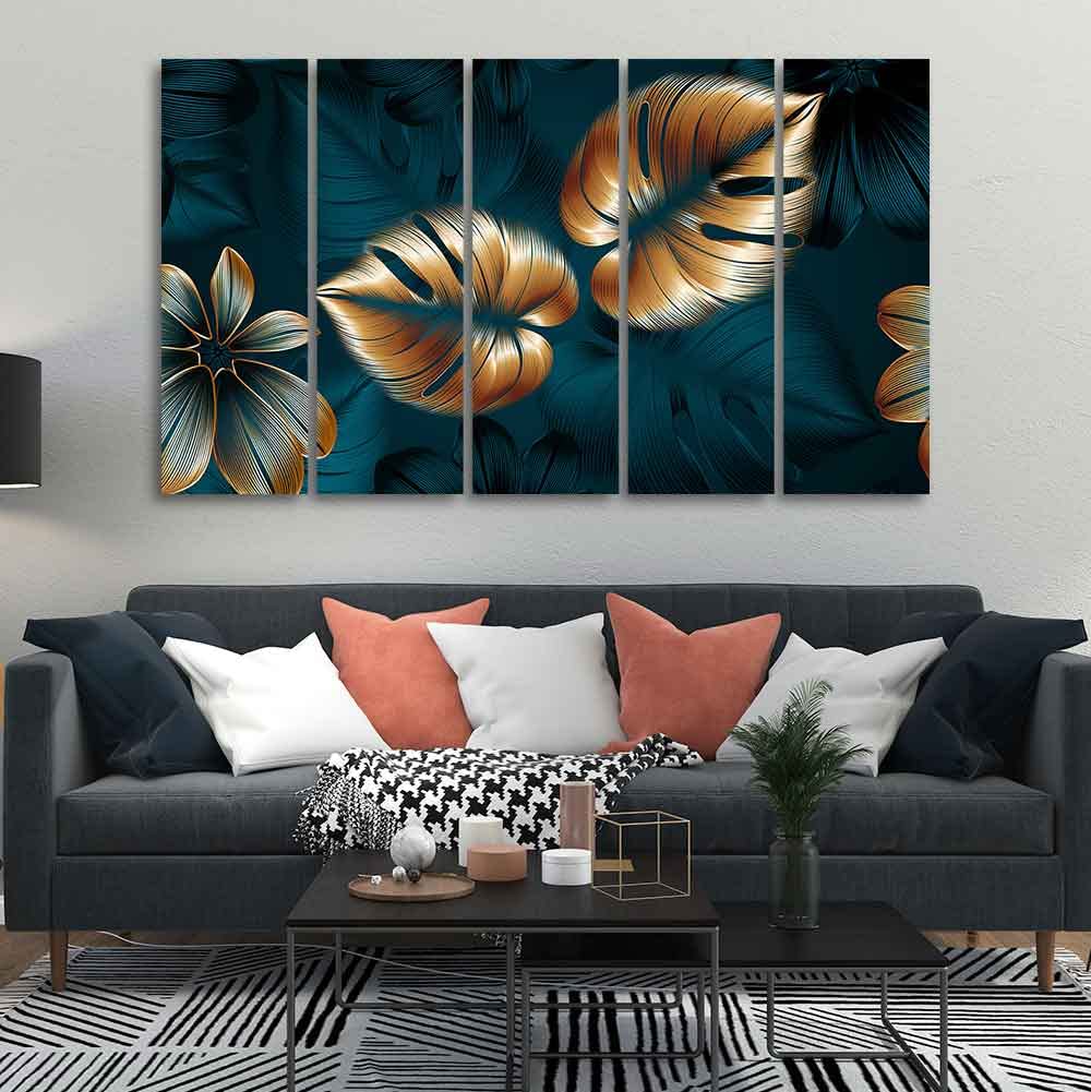 VIBECRAFTS Shiny Golden Leaves Floating Canvas Wall Painting Set of Five For Home|Office|Living Room|Gift (PTVC5Pcs4_8583N)