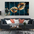 VIBECRAFTS Shiny Golden Leaves Floating Canvas Wall Painting Set of Five For Home|Office|Living Room|Gift (PTVC5Pcs4_8583N)