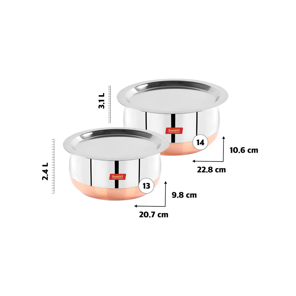 SSumeet Stainless Steel Copper Bottom Cookware Set | 2-Piece Belly-Shaped Pots with Lids (2.4L & 3L), Silver
