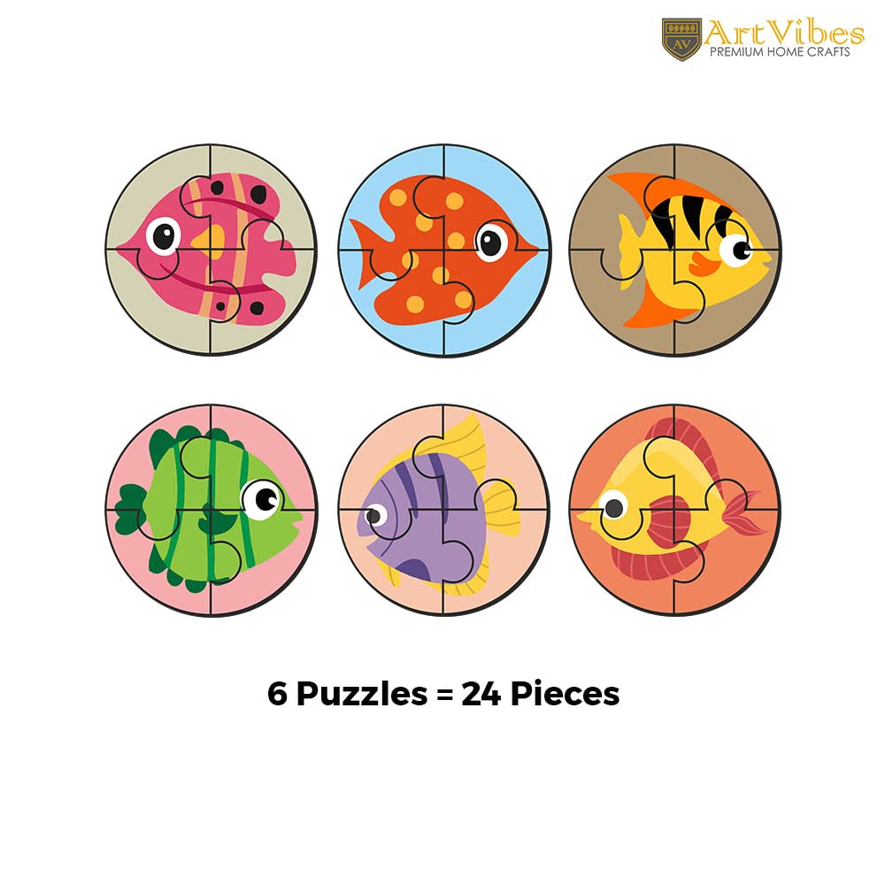Artvibes Cute Fishes Premium Wooden Puzzles for Kids | Jigsaw Puzzles for Kids Age 2-5 | 4 Piece Puzzles | Toddlers Wooden Puzzle (PZ_609NN), Set of 6