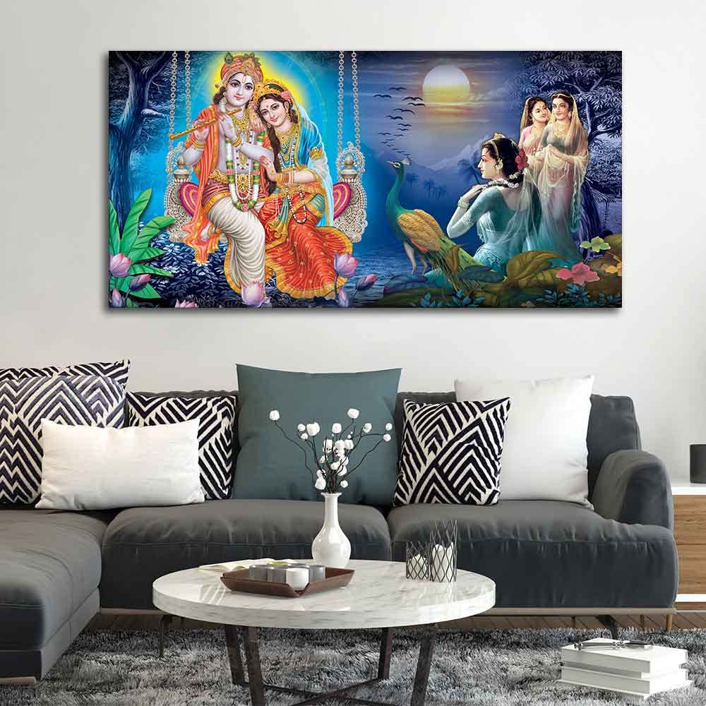 VIBECRAFTS Canvas Paintings for Living Room Drawing Room Radha Krishna Canvas Wall Painting Fitted With Wooden Frame For Home | Office | Living Room | Gifts (PTVCH_2548)(48 x 24 Inches)