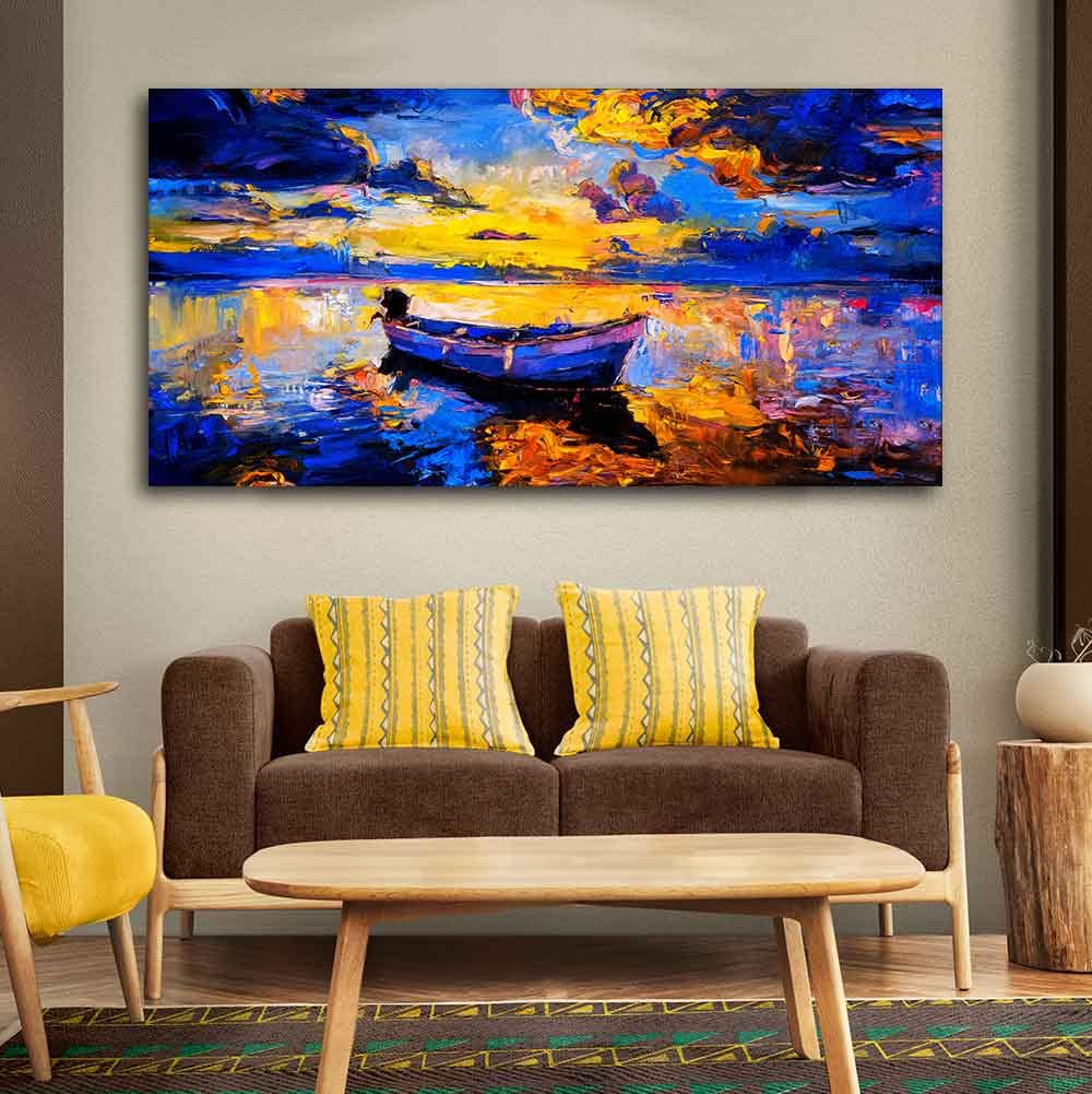 VIBECRAFTS Boat Sunset over Ocean Premium Canvas Wall Painting With Frame for Living Room Drawing Room Home|Office|Gift (PTVCH_2227N)