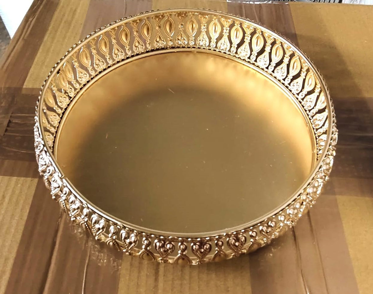 D.Glore Handicrafts Presented | Home Decor Golden Metal Round Serving Tray Etched Design Turkish Decorative Appetizer Platter for Coffee | Pooja | Vintage Tray | Gold.