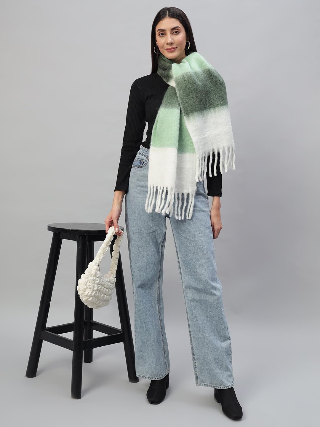 Ravaiyaa - Attitude is everything Reversible Wool Scarves Striped Pattern Women Neck Wraps Muffler Winter Wool Scarf 72 x14 Inch (Green & White)