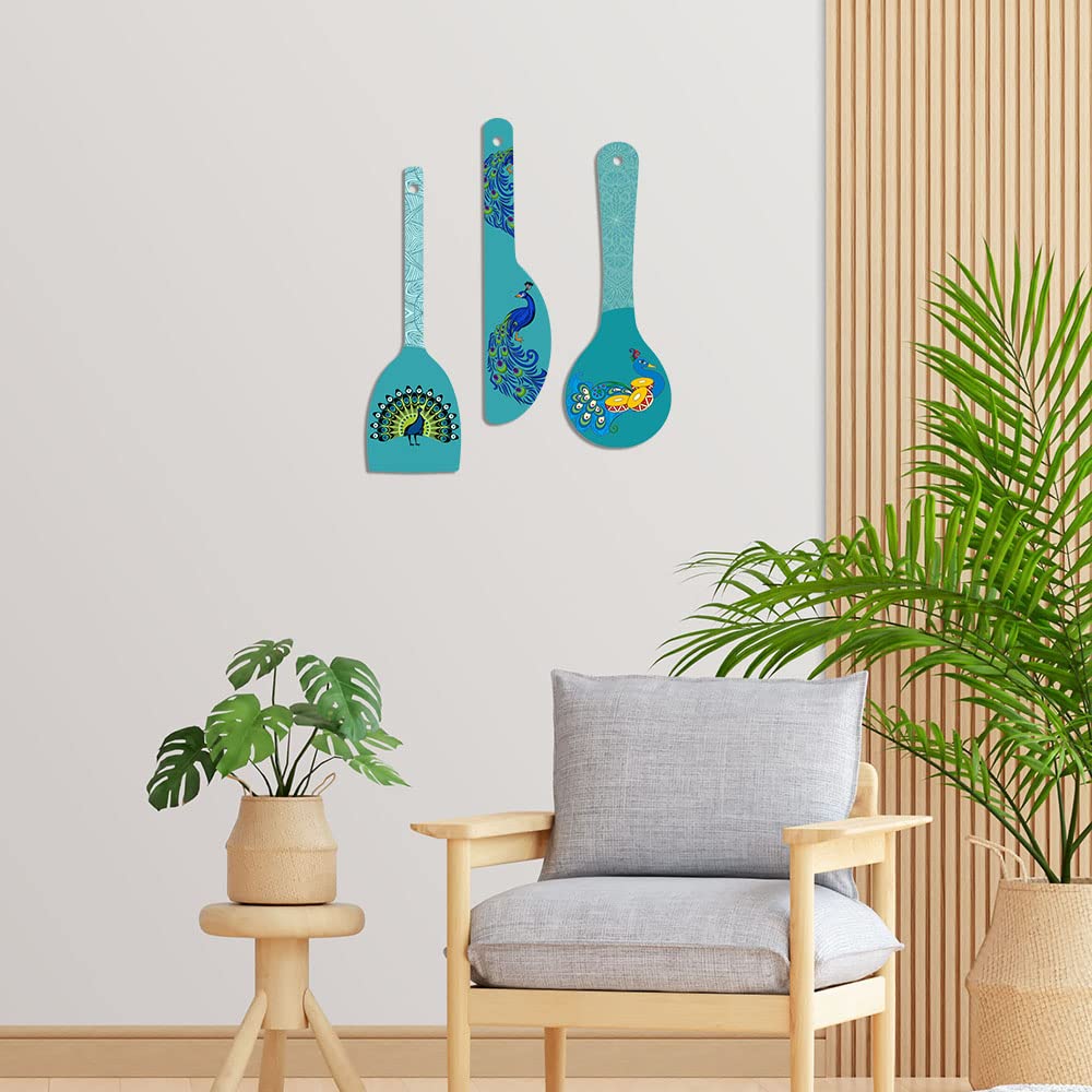 Artvibes Beautiful Artistic Peacock In Different Poses Wooden Art Decoration Item for Living Room | Printed Wall Decoration | Graphic Artwork | Wall Illustrations | Gift Items (WH_5022N), Set of 3