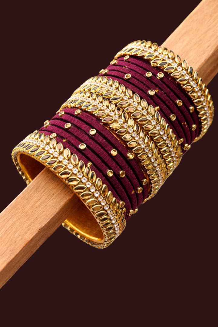 DIYASTHREADSANDBEADS Handmade Silk Thread Designer Bangle Set for Women | Maroon Traditional Bangles with Gold Stone Work | Bridal, Wedding, Festive, Party & Ethnic Wear Jewellery (Pack of 1) (2.2)