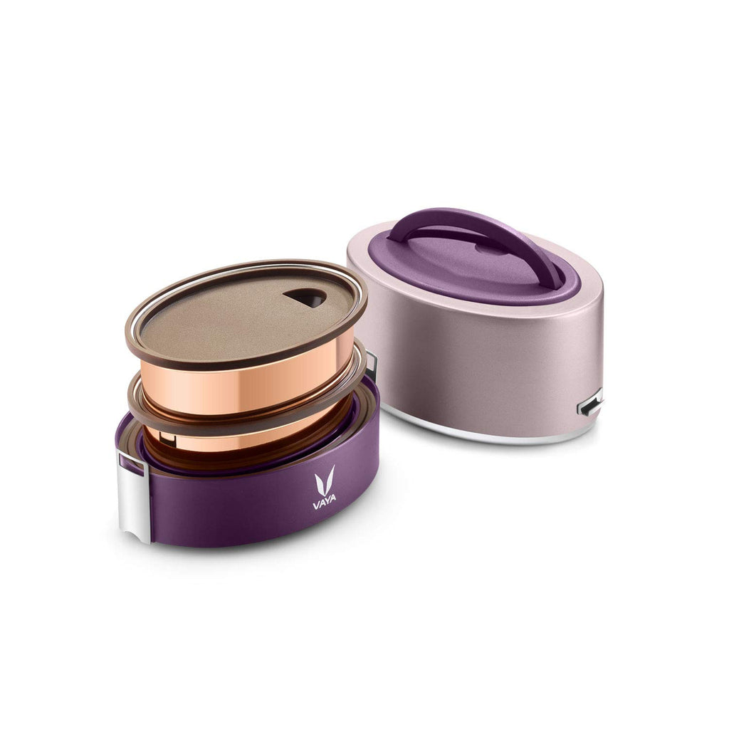 VAYA TYFFYN Lunch Box for Kids for School,Copper Finished Stainless Steel Tiffin Box, Insulated Tiffin Box for Office for Men, 600ml with 2 Leakproof Containers, Hot Lunch Box for Boys, Purple