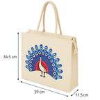 Eco-Friendly Cotton Jute Tote Bag with Peacock Print, Handcrafted Reusable Shopping Bag, Multipurpose Carry Bag