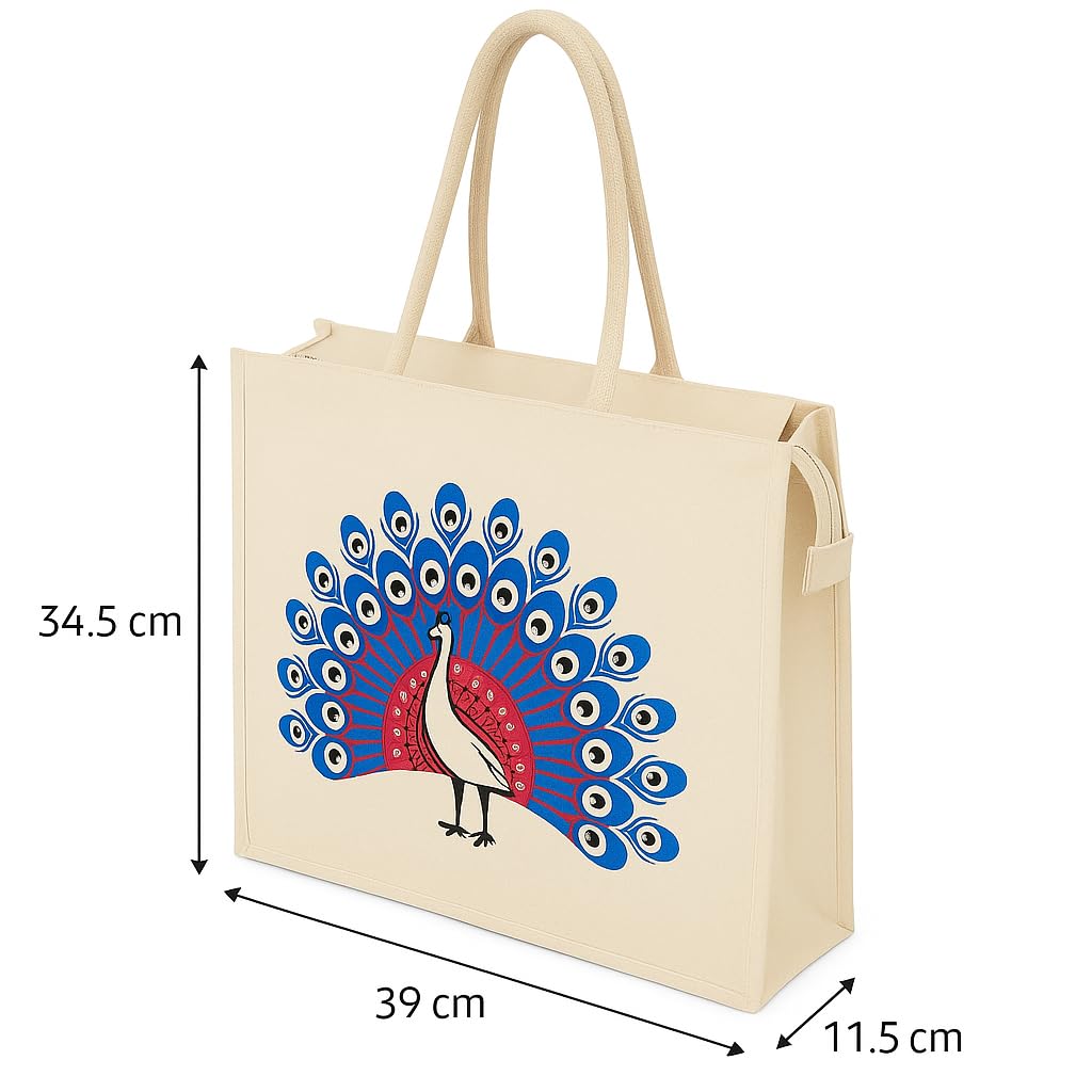 Eco-Friendly Cotton Jute Tote Bag with Peacock Print, Handcrafted Reusable Shopping Bag, Multipurpose Carry Bag