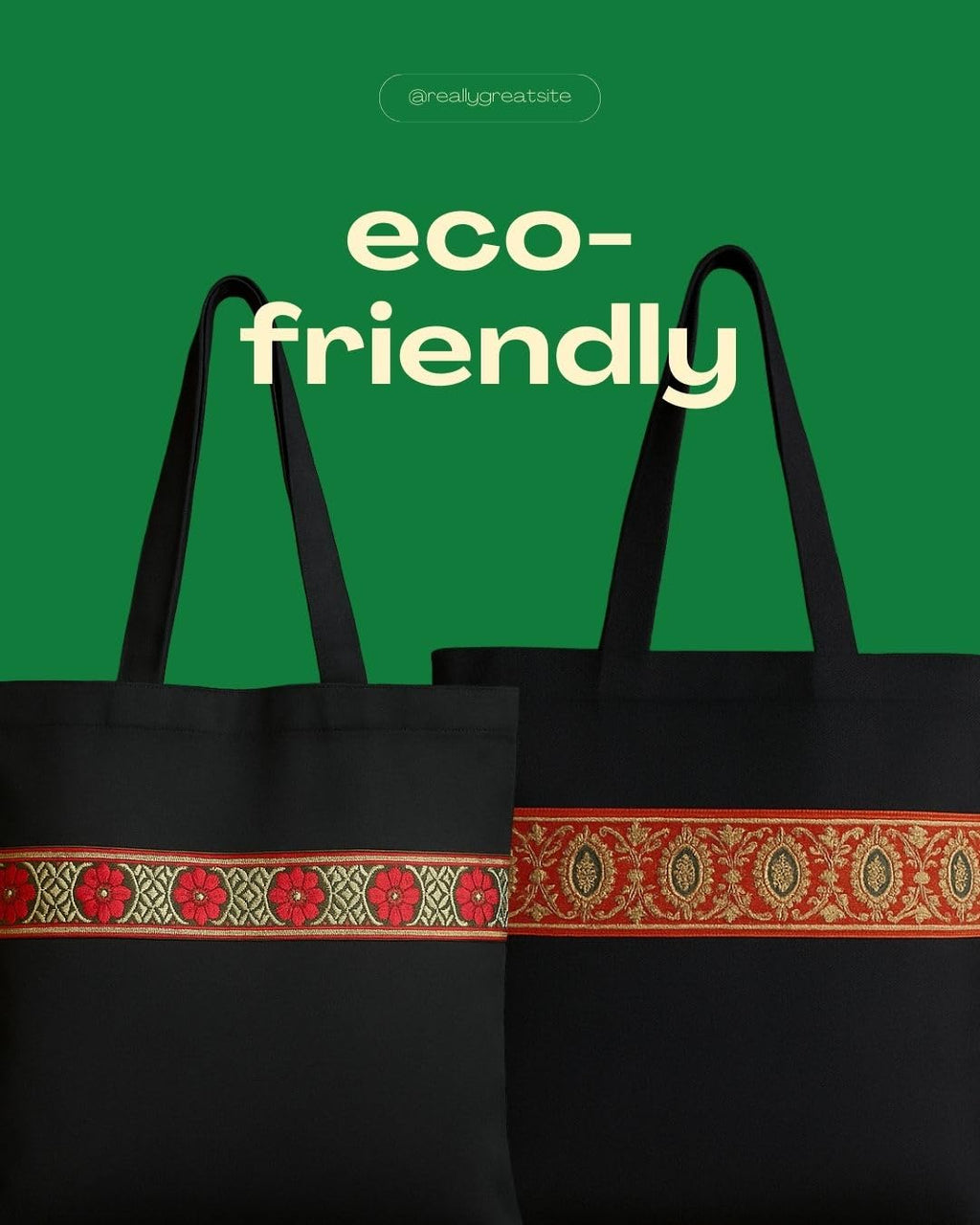 Black Cotton Tote Bag with Decorative Red and Gold Trim, Traditional Design (S)