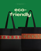 Black Cotton Tote Bag with Decorative Red and Gold Trim, Traditional Design (S)