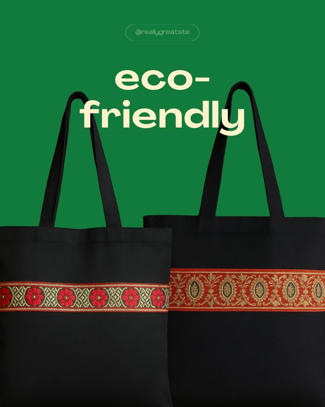 Black Cotton Tote Bag with Decorative Red and Gold Trim, Traditional Design (S)