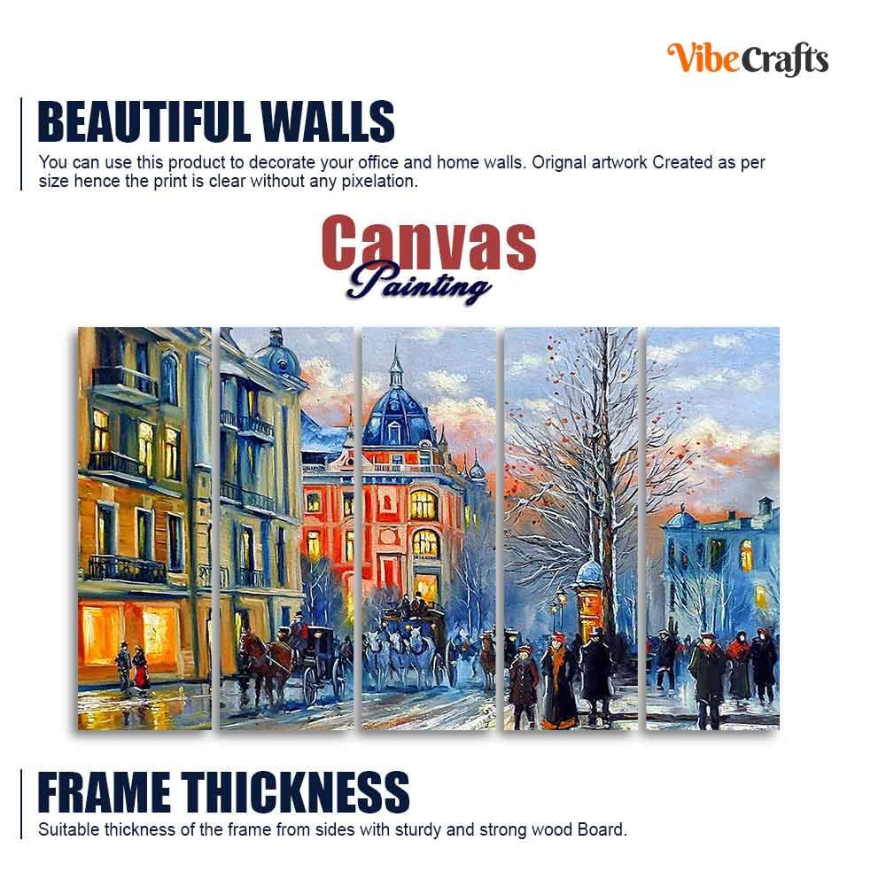 VIBECRAFTS Old City in Winters Canvas Five Pieces Wall Painting For Home|Office|Living Room|Gift (PTVC5Pcs4_8575N)