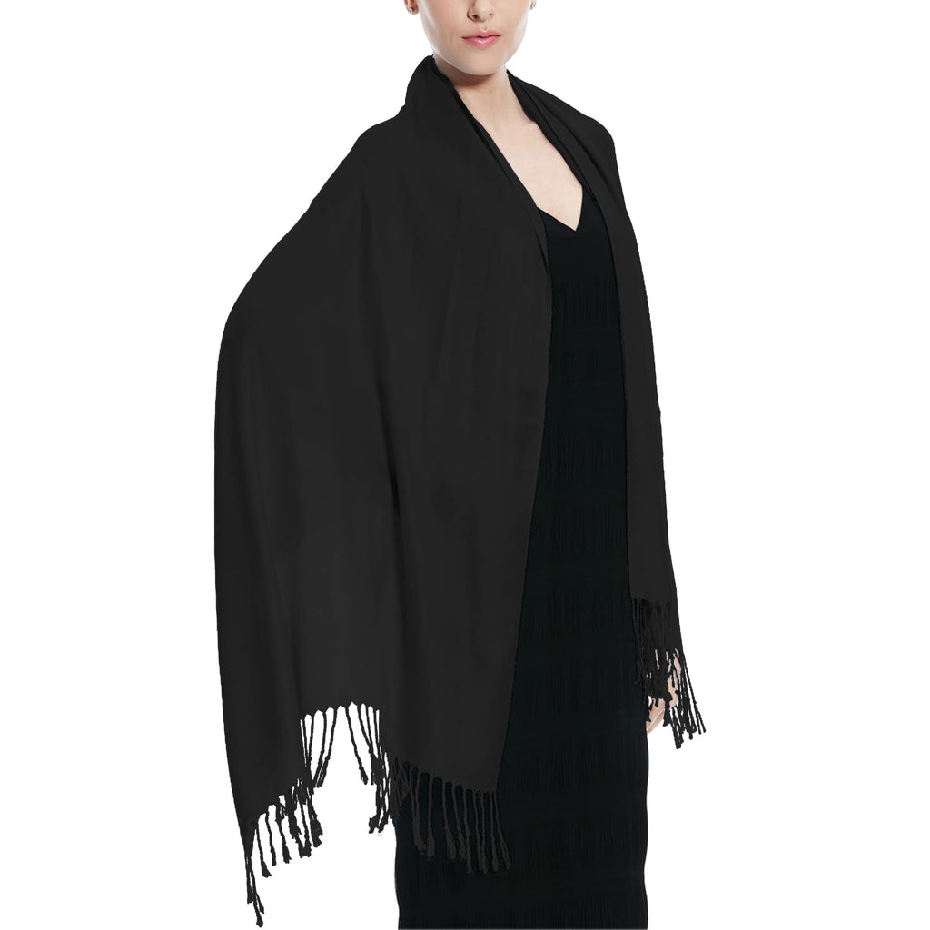 Women Large Soft Silky Pashmina Shawl Wrap Scarf in Plain Solid Colors, Black, 28x72