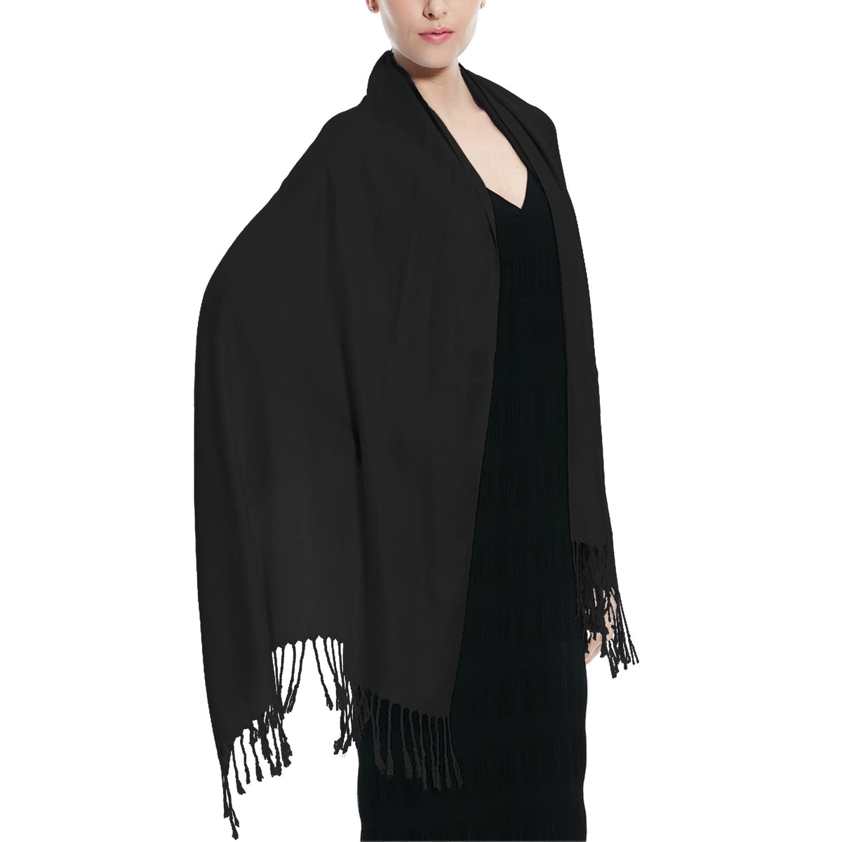 Women Large Soft Silky Pashmina Shawl Wrap Scarf in Plain Solid Colors, Black, 28x72