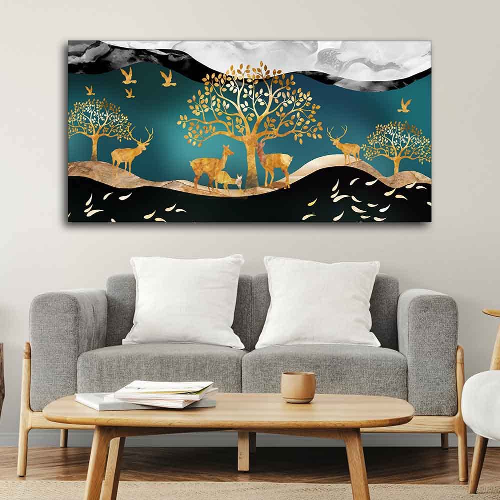 VIBECRAFTS Canvas Paintings for Living Room Drawing Room Canvas Wall Painting of Golden Trees with Birds And Deer Fitted with Wooden Frame for Home|Office|Gift(PTVCH_2300NN)