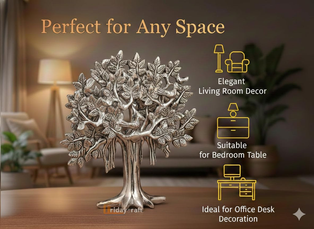 Metal Kalpavriksha Tree for Home Decor - Golden Wish Fulfilling Tree Metal Showpiece for Temple, Vastu, Office Table & Gifting Banyan (No 2 Silver)