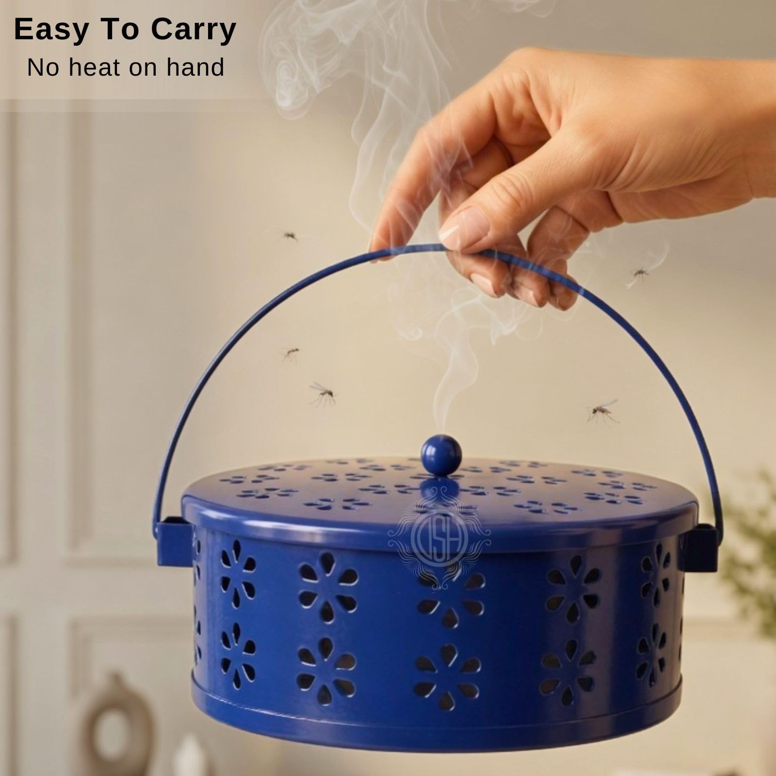 DSH Metal Mosquito Coil Holder with Lid & Handle Ash Catcher Stand for Mosquito Coil Indoor Outdoor Safe Use (Blue)
