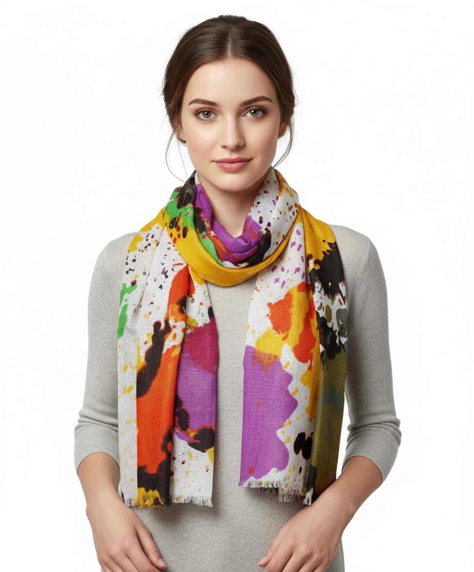 Fabtone Women’s Scarf/Stole | Yellow & Purple Multi Splash Print | Soft Lightweight Fabric | 70x180 cm | All-Season Stylish Wrap | Dust & Sun Protection | Trendy Fashion Accessory