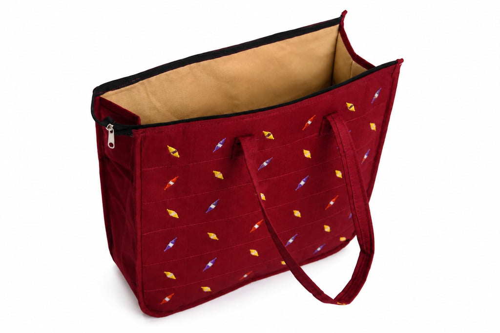 Vaishnavi Creations Solapur | Embroidered Cotton Tote Bag for Women | Spacious Handbag | Eco-Friendly Shoulder Bag for Office, Shopping & Daily Use | Maroon