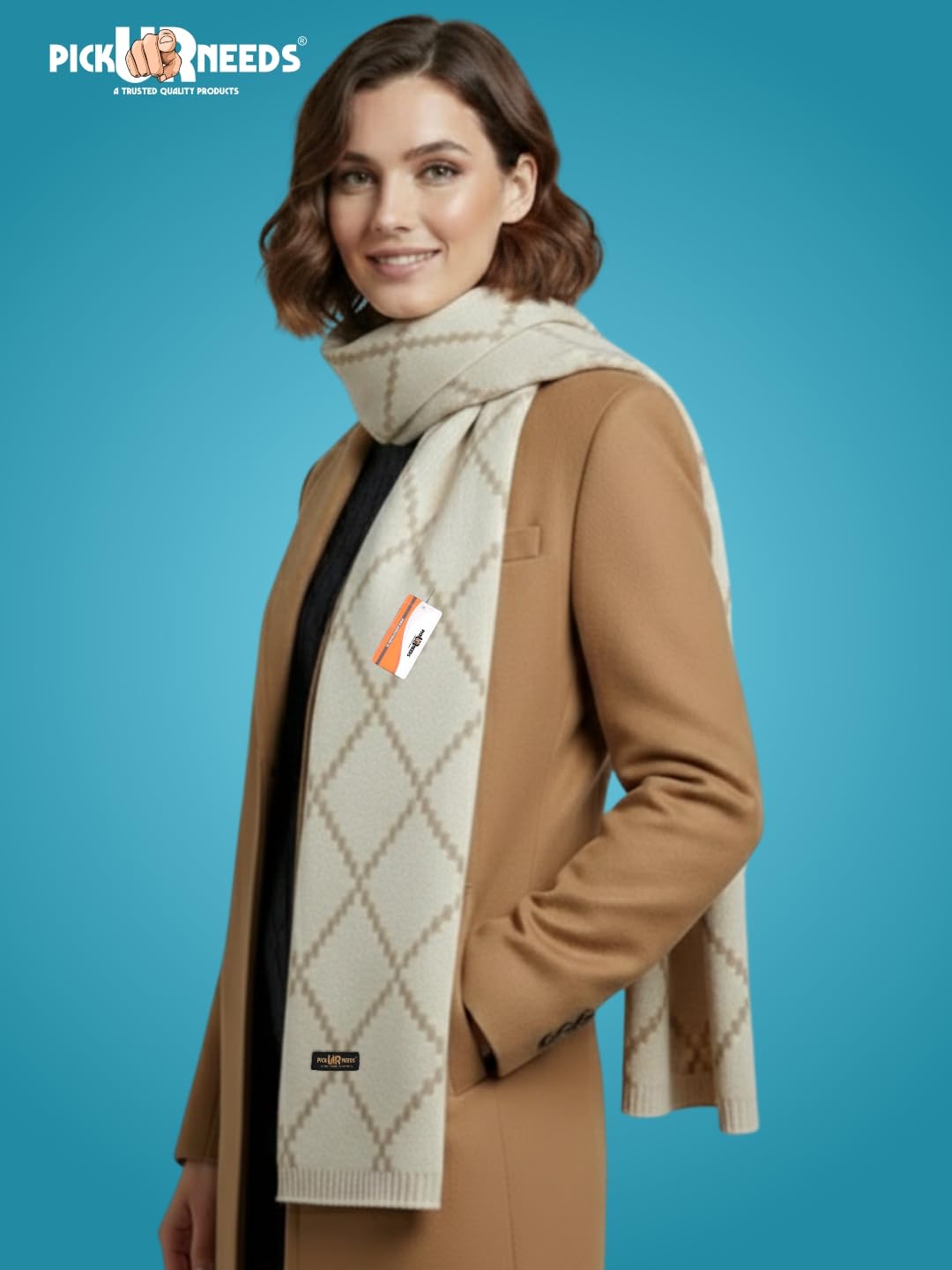 Pick Ur Needs Premium Winter Woolen Scarf for Women Designer Checkered Warm Muffler Soft, Stylish & Cozy Cold Weather Wrap (Cream)