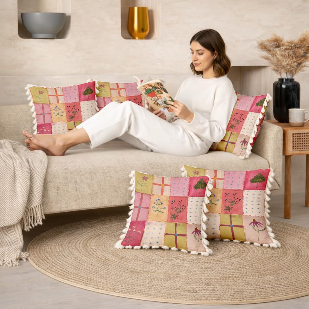 STITCHNEST 'Little Meadow Series' Tassled Cushion Cover | Set of 2 | Floral Cushion Cover 24 inch x 24 inch
