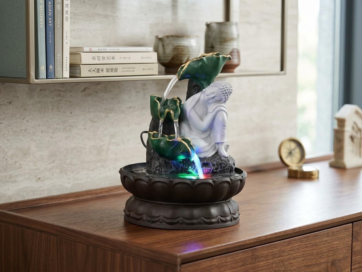Kridaykraft Resting Buddha Tabletop Water Fountain with LED Lights – Decorative Indoor Waterfall Showpiece for Living Room, Office Desk & Meditation Decor (Multicolor)