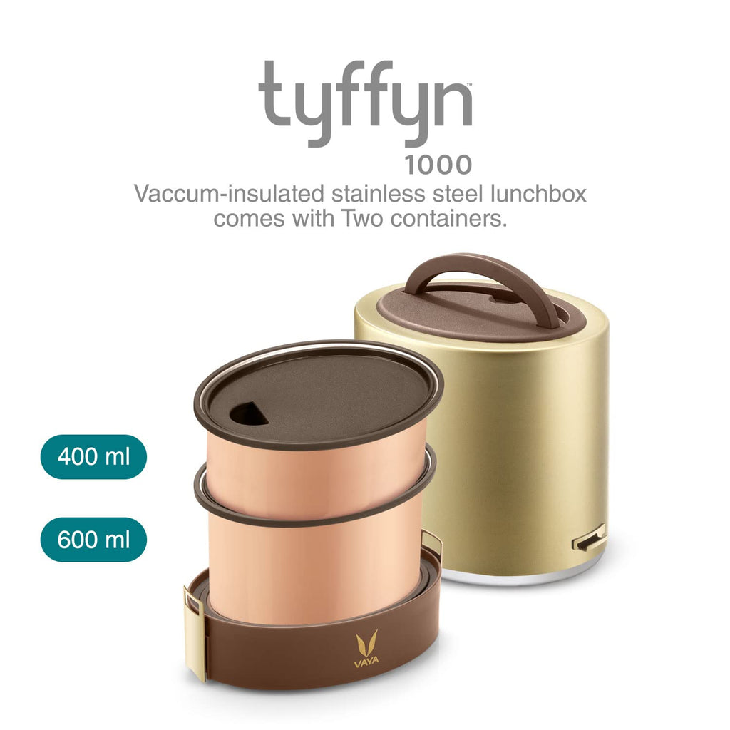 VAYA TYFFYN Lunch Box for Office for Men, Copper Finished Steel Lunch Box Without Bagmat,1000ml Vacuum Insulated Hot Lunch Box, Leakproof Hot Tiffin Box with 2 Containers,Gold