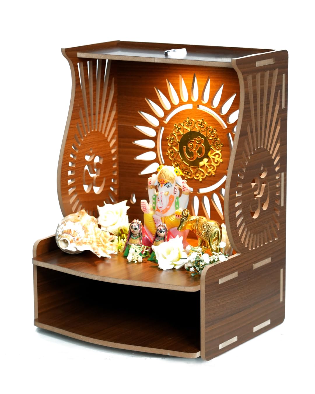 PIXELCRAFTS Folding Wooden wall Mounted Temple/mandir for Home and Office(Size – H 15.5X L 11.5 x W 10.5 inch) (Brown 4)