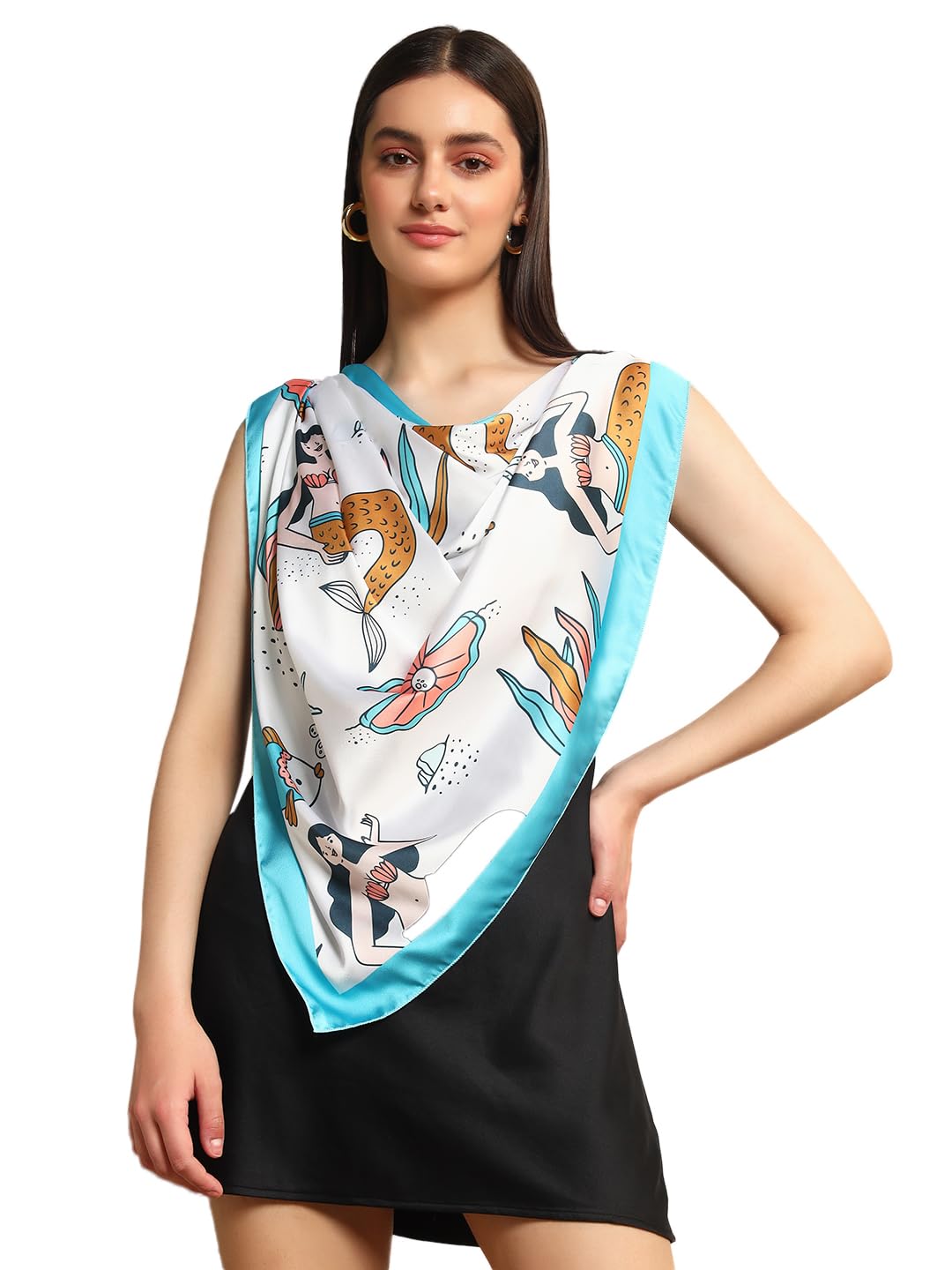 Ravaiyaa - Attitude is everything Women's Crepe Silk Digital Print Large Square Scarf Breathable Lightweight Neckerchief Printed Headscarf 40 x 40 Inch (White Mermaid Fish)