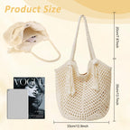 PALAY® Tote Bag for Woman Beige Crochet Beach Bohemian Women Handbags Hollow Out Knitting Shoulder Bag with Tassel Ornament Elegant Braided Hand Bag for Summer Vacation Travel