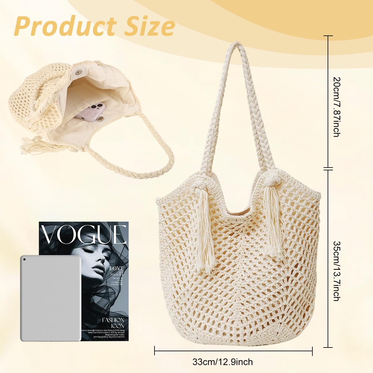 PALAY® Tote Bag for Woman Beige Crochet Beach Bohemian Women Handbags Hollow Out Knitting Shoulder Bag with Tassel Ornament Elegant Braided Hand Bag for Summer Vacation Travel