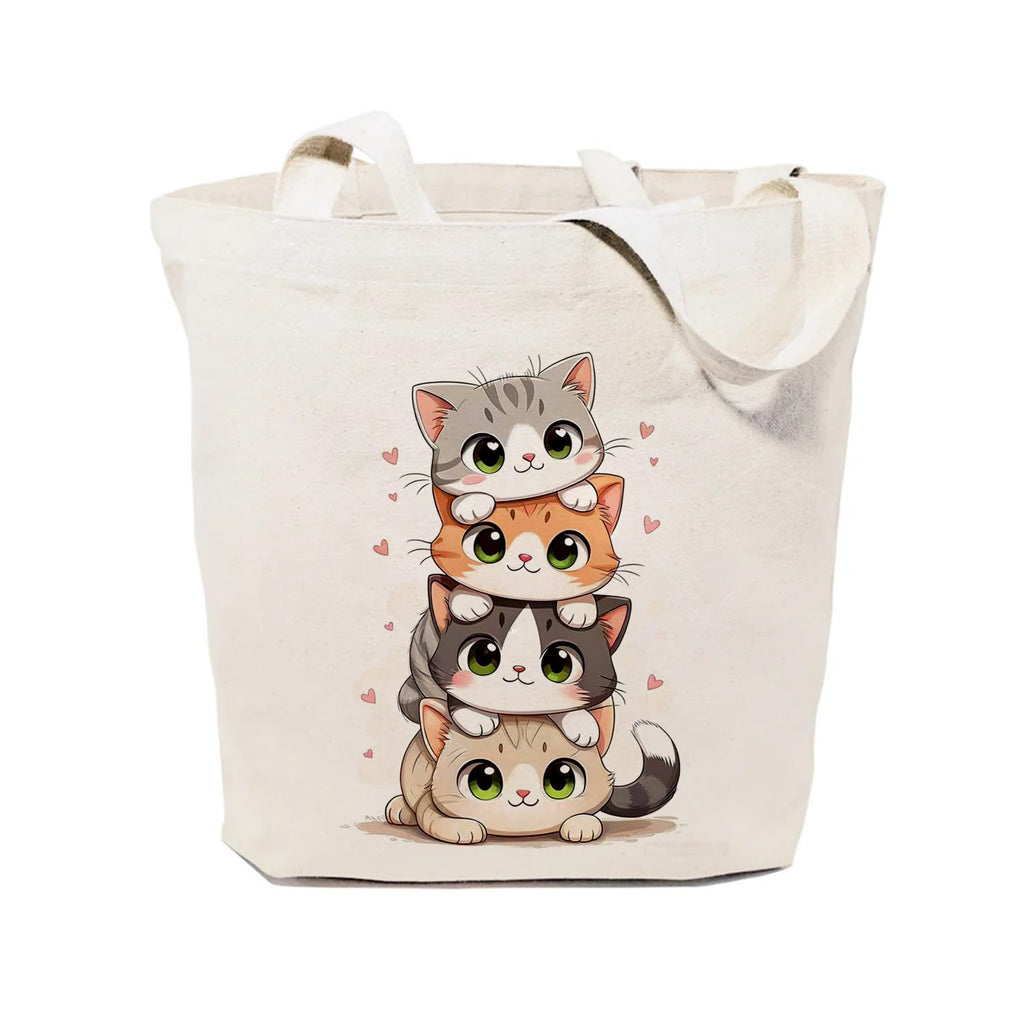 Heu Cute Cat Stack Printed Canvas Tote Bag | Eco-Friendly Reusable Cotton Shoulder Bag | Cartoon Kawaii Shopping Tote for Women & Girls