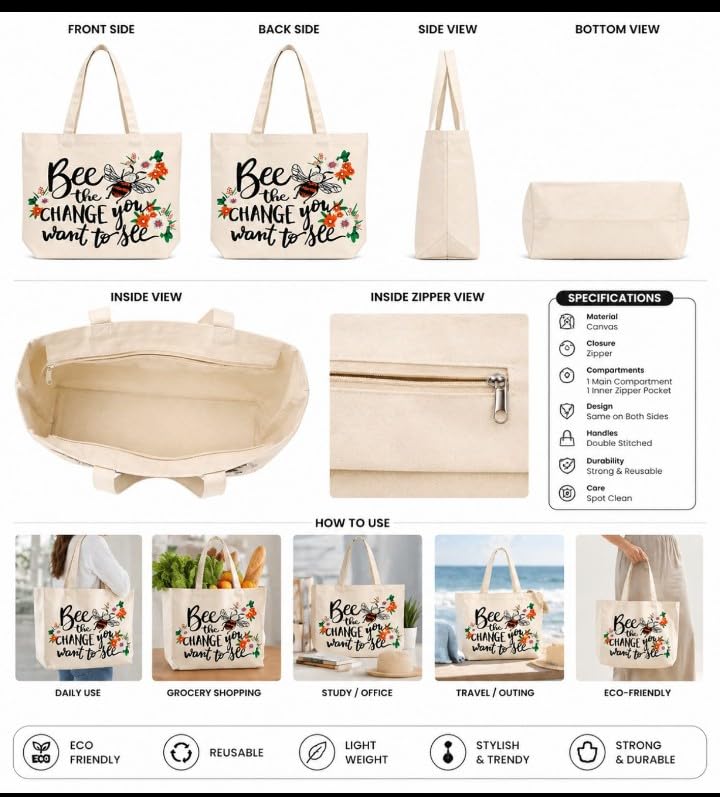 Inspirational Quotes Reusable Tote Bags | 100% Organic Cotton Shopping/Grocery Tote Bags For Women Office College Grocery,Vegetable Bags Market, Canvas Bag 15kgs Capacity (BEE)