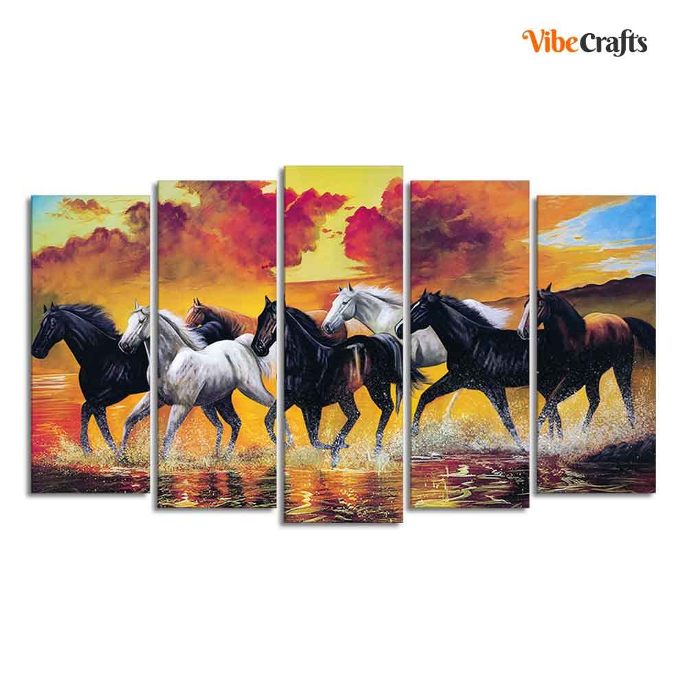 VIBECRAFTS Running Seven Horses Wall Painting of Five Pieces For Home|Office|Living Room|Gift (PTVC5Pcs2_6538)