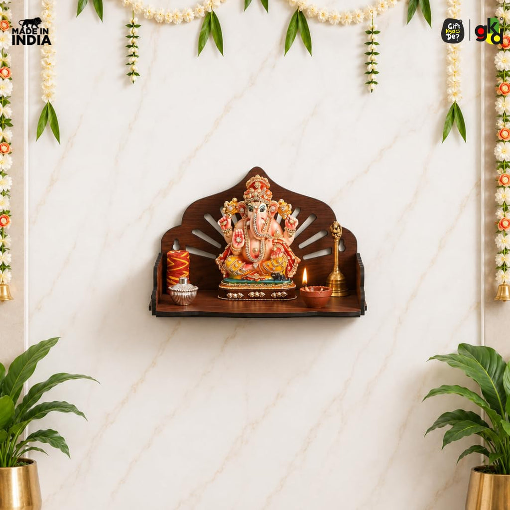Gift Kya De Wooden Pooja Mandir for Home | Wall Hanging or Tabletop Temple for Office, Flat, or Room | Small Indian Wooden Temple Shelf | Compact DIY OM Mandir | 10x6x6.5 Inch