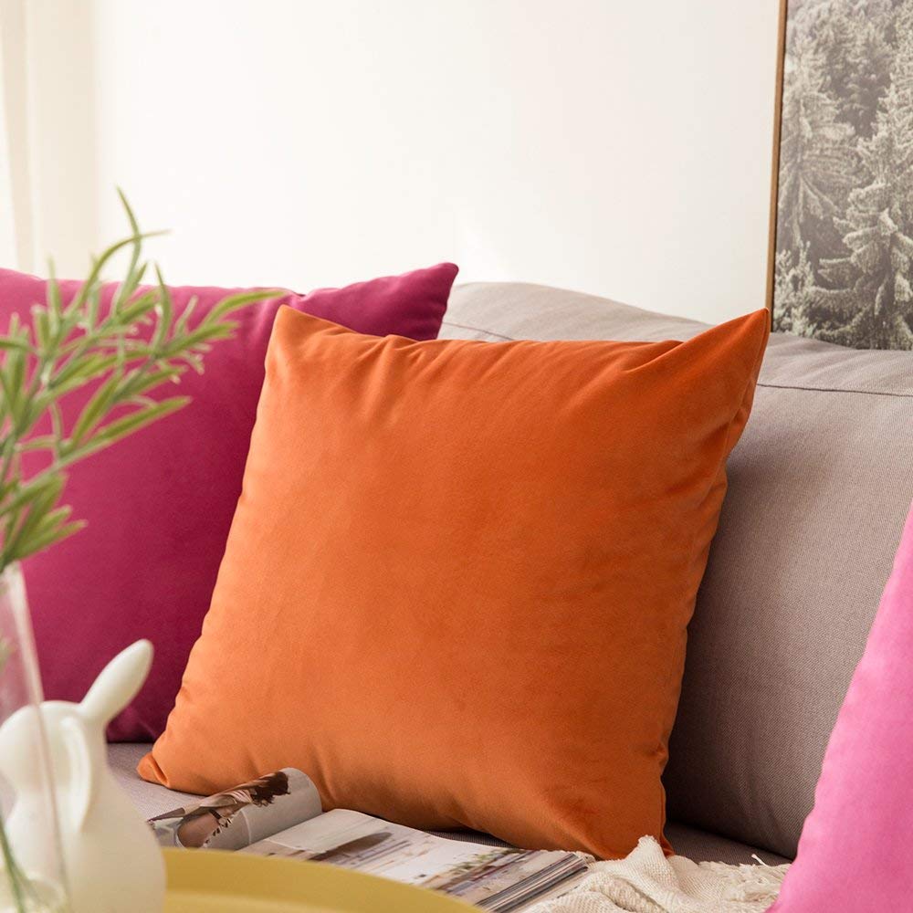 Khooti Velvet Cushion Cover, 16x16 (Orange)(Pack of 3)