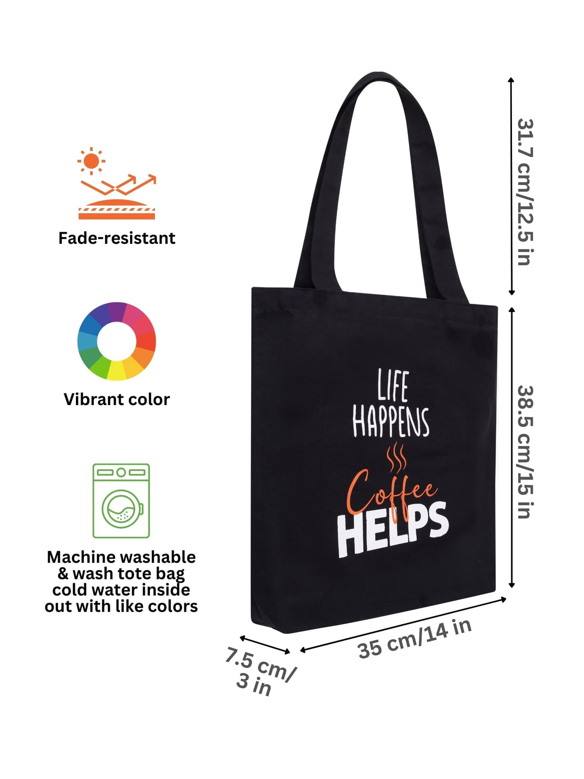 DOODLE Women Eco-Friendly Reusable Cotton Canvas Tote Bag | Inner & Outer Zip Pockets | Ideal for Travel, Shopping, College & Office Use | Caffine Shots, Black