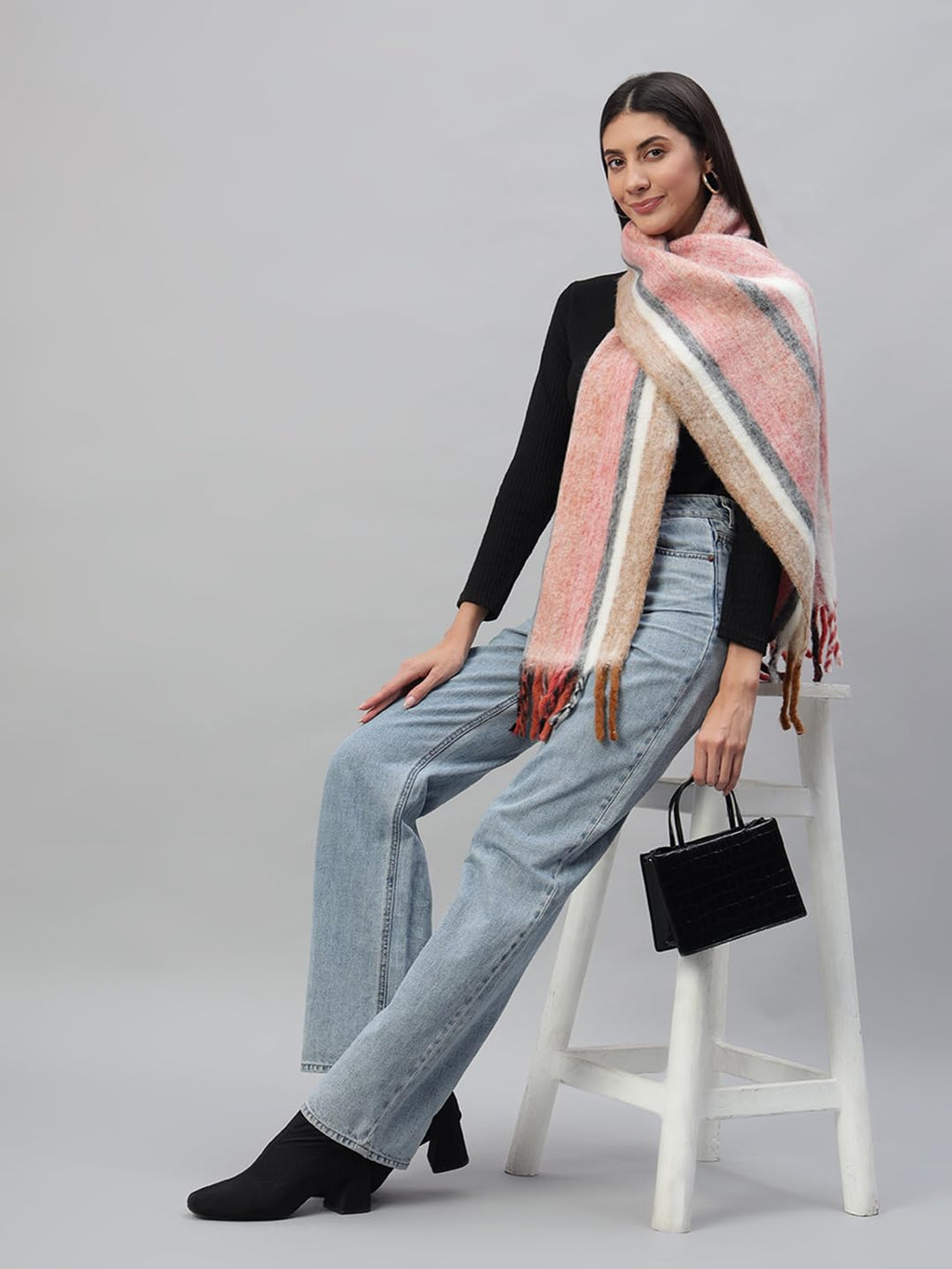 Ravaiyaa - Attitude is everything Reversible Wool Scarves Striped Pattern Women Neck Wraps Muffler Winter Wool Scarf 72 x14 Inch (Red & White)