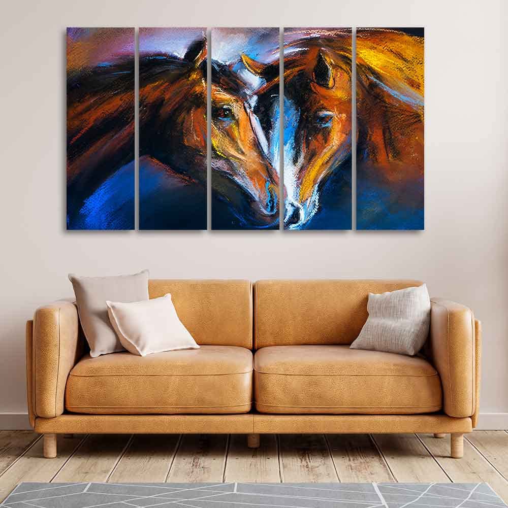 VIBECRAFTS Beautiful Pair of Horses Five Pieces Wall Painting For Home|Office|Living Room|Gift (PTVC5Pcs4_8573)