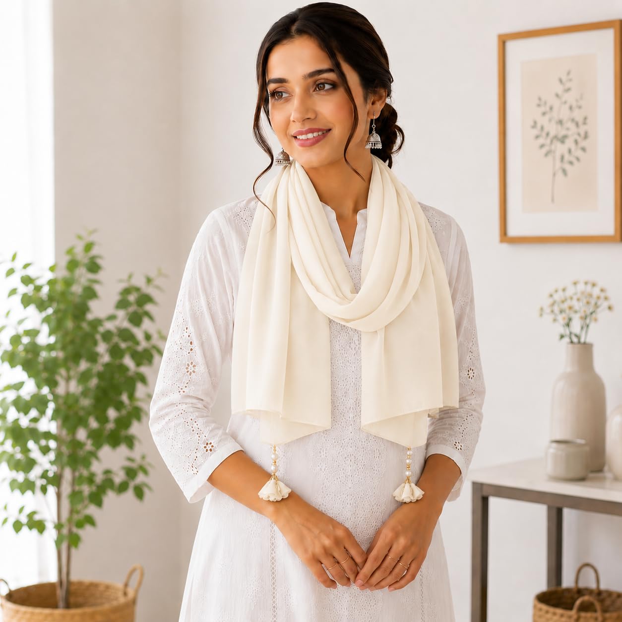 Women’s Chiffon Scarf Soft Lightweight Premium Stoles for Girls & Women | Stylish Modest Wear Dupatta for Daily & Party Use (Beige White)