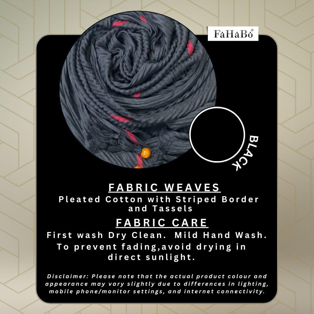 FAHABO Scarf Woman Pleated Cotton with Striped Border and Tassels Scarves | Hijab Scarf | Headscarf | Neck Scarf | Stoles | Wraps (Black)