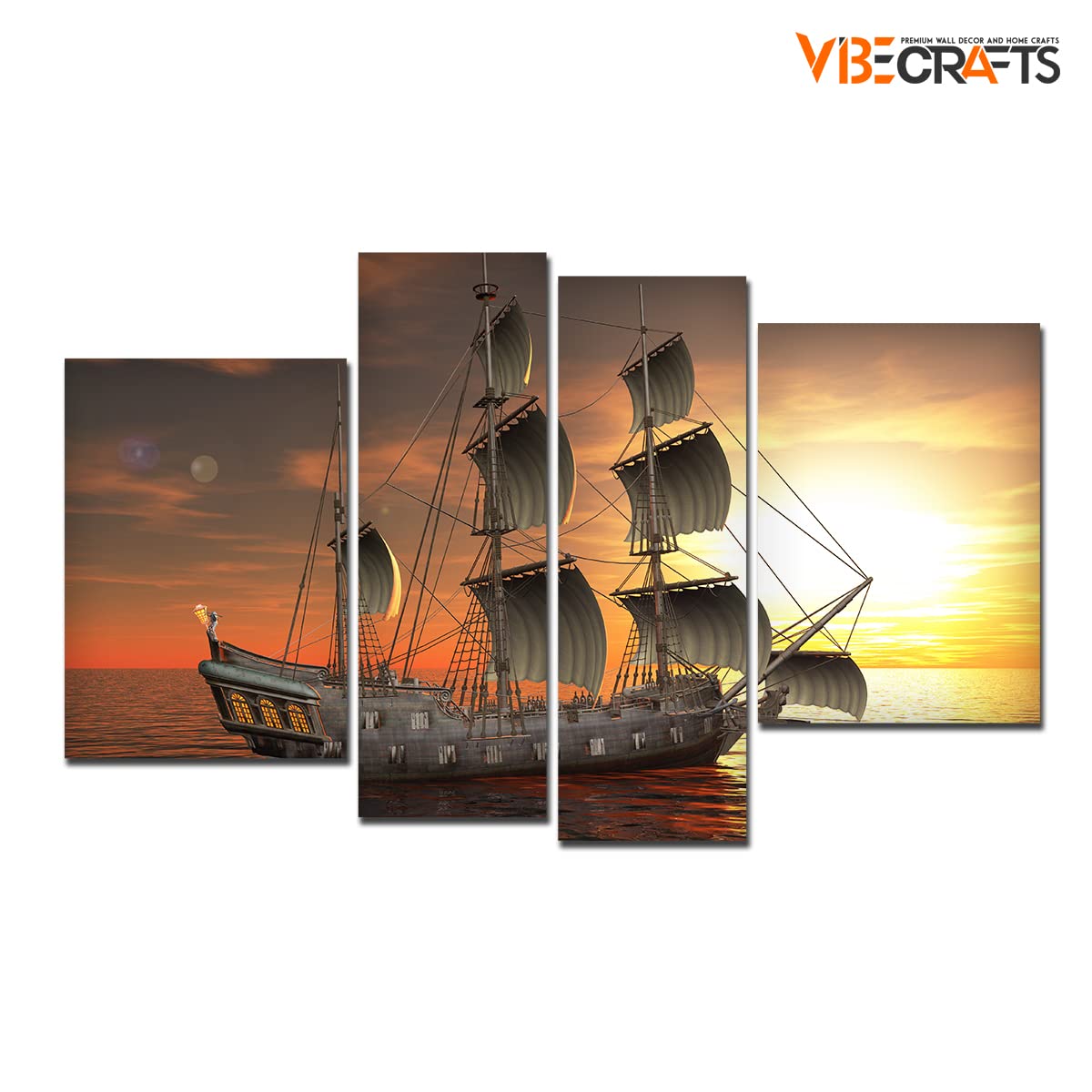 VIBECRAFTS Beautiful Sailing Boat 4 Pieces Canvas Wall Painting Fitted With Wooden Frame For Home | Office | Living Room | Gifts (PTVC4Pcs2_14502N)