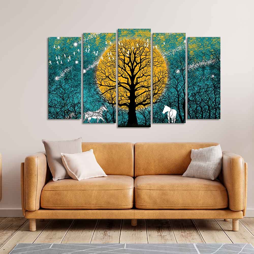 VIBECRAFTS Beautiful White Horses in Forest Premium Wall Painting Set of Five Pieces For Home|Office|Living Room|Gift (PTVC5Pcs2_6573)